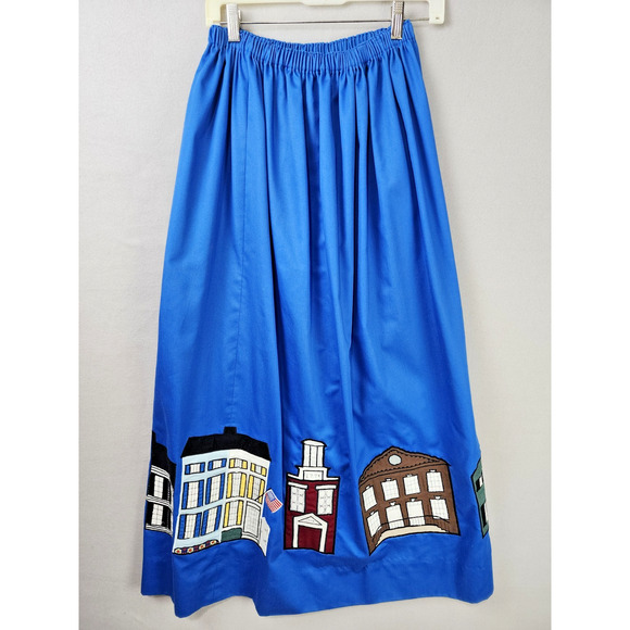 Whimsical Blue Skirt with Appliqué Cityscape Hem, Gathered Waist, Artistic Urban - Picture 2 of 7